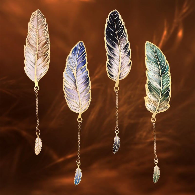 icceemee 4pcs Metal Feather Bookmarks with Pendant Elegant Bookmark Set for Book Lovers  Writers  Readers Durable Book Markers with English Inscriptions Unique Gifts for Men  Women  Students  Teacher - Image 2